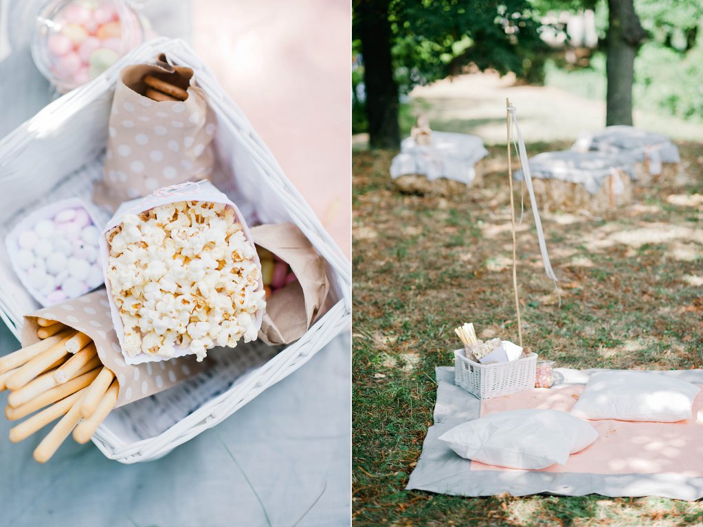 Photo Hochzeits-Picknick mit Knabbereien, Popcorn und Süssem.